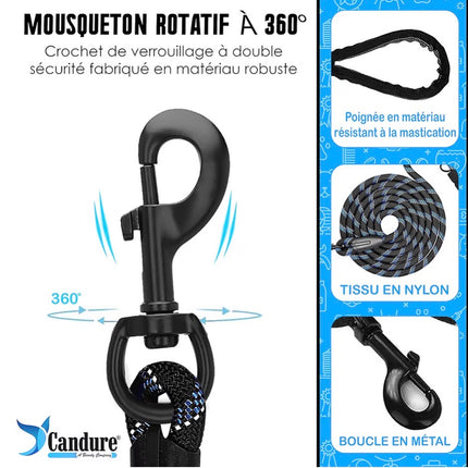 Laisse pour chien ultra-résistante en nylon avec poignée rembourrée – Mousqueton rotatif 360°