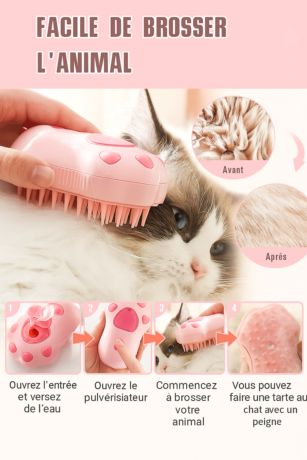 Brosse de toilettage 3-en-1 pour chats et chiens – Massage, bain et soin du pelage