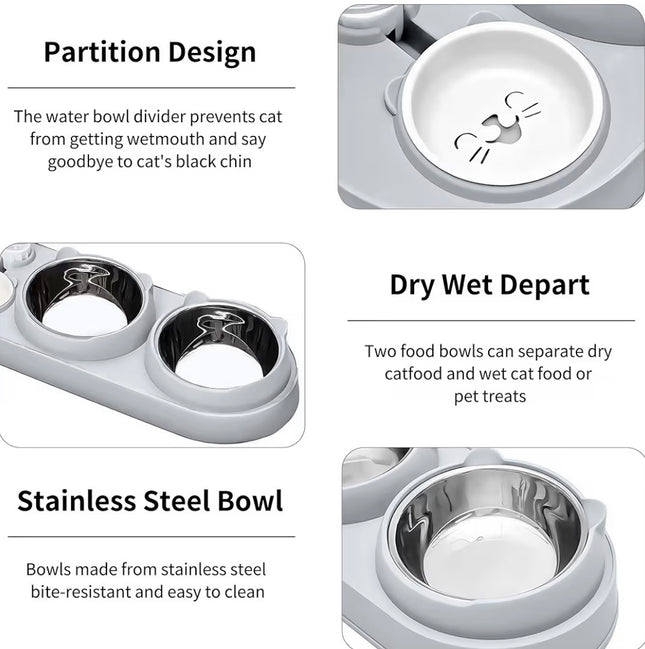 Gamelle 3 en 1 pour Chat et Chien avec Distributeur d’Eau Automatique