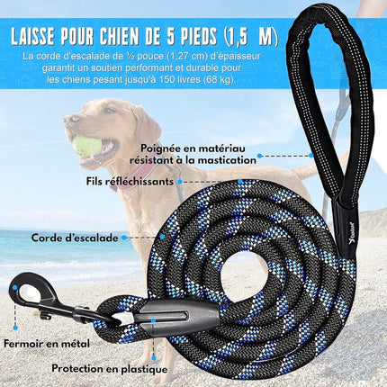 Laisse pour chien ultra-résistante en nylon avec poignée rembourrée – Mousqueton rotatif 360°