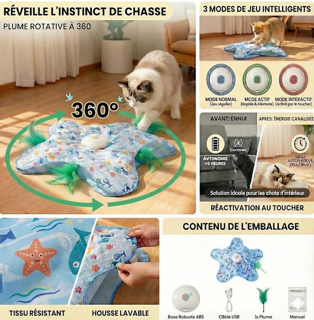 Tapis Interactif Automatique pour Chat – Jouet de Chasse avec Plumes, Rechargeable USB-C