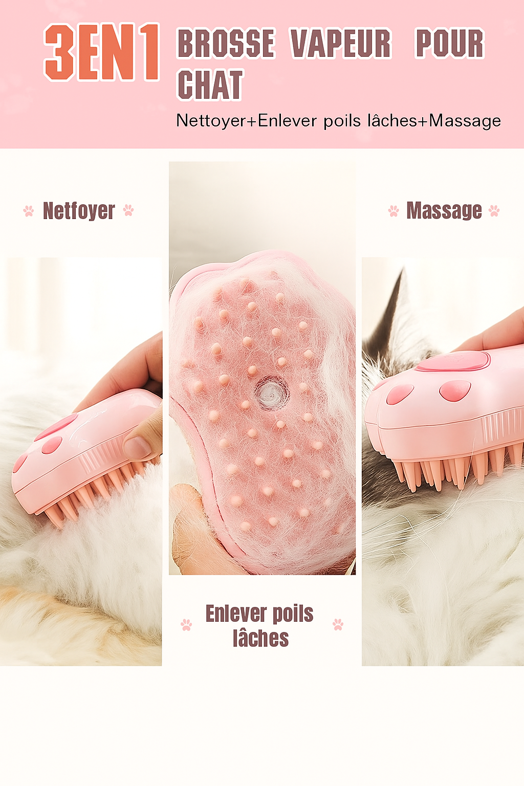 Brosse de toilettage 3-en-1 pour chats et chiens – Massage, bain et soin du pelage