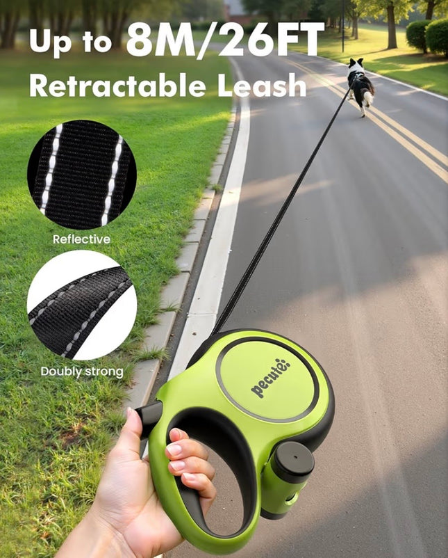 Laisse Rétractable 8m pour Chien – Anti-Enchevêtrement 360°, Poignée Ergonomique + Porte-Sacs Intégré