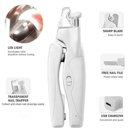 Tondeuse Coupe-Griffes pour Chiens & Chats avec Lumière LED – Coupe Ongles Sécurisé, Collecteur d’Ongles & Lime Intégrée – Rechargeable USB